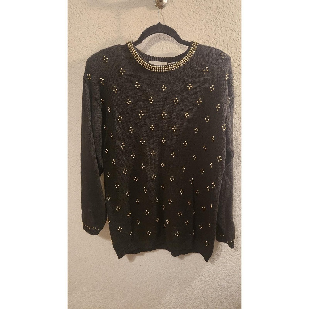 Baxter & Wells‎ Ugly Christmas Sweater gold bead knit top small vintage 80s